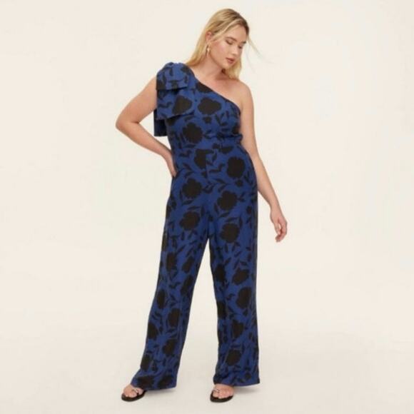Kate Spade x Target Linen Blend One Shoulder Floral Jumpsuit Blue Black 10 - Picture 2 of 16